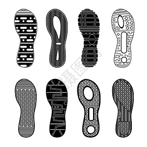 白色帆布鞋单色收集各种高度详细的黑色运动鞋脚印白色背景隔离矢量插图运动鞋脚印单色套装插画
