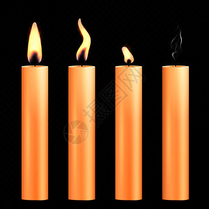 四个图像燃烧橙色蜡烛现实风格的黑暗透明背景矢量插图燃烧蜡烛写实套图片