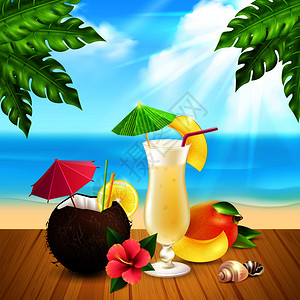 拉达鸡尾酒逼真的构图与两个PinaColada鸡尾酒,个璃,椰子海滩矢量插图鸡尾酒逼真的PinaColada构图插画