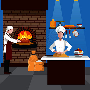 烹调准备饭的人平彩色传单与厨师厨房准备馅饼烤箱矢量插图烹饪人传单插画