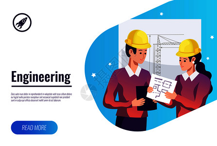 工程平海报与两个轻的建筑工人头盔上手绘建筑重机背景矢量插图工程平背景图片