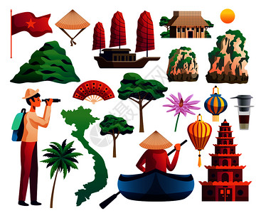 西贡越南图标集越南地标,传统文化符号,矢量插图越南套插画