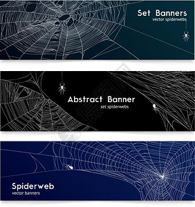 缠结蜘蛛网蜘蛛网3现实水平横幅与黑色深蓝色背景孤立矢量插图插画