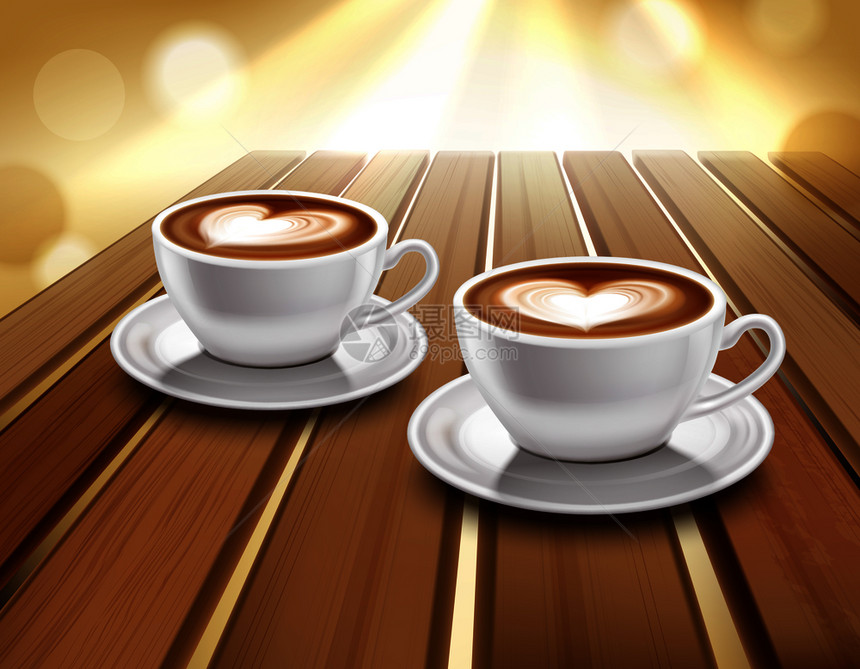木桌上的铁卡布奇诺咖啡的杯子,逼真的矢量插图铁卡布奇诺咖啡插图图片