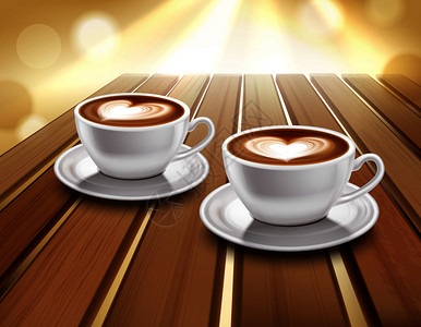 木杯子木桌上的铁卡布奇诺咖啡的杯子,逼真的矢量插图铁卡布奇诺咖啡插图插画