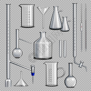 科学中心实验室璃器皿透明套与科学符号现实孤立矢量插图实验室璃器皿透明套装插画
