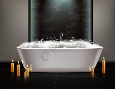 空气泡沫浴室内部与浴缸泡沫蜡烛现实矢量插图浴室内部插画
