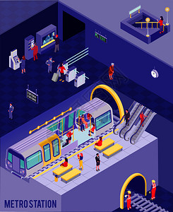 地铁站入口彩色等距海报与人们地下地铁站三维矢量插图地下等距海报插画