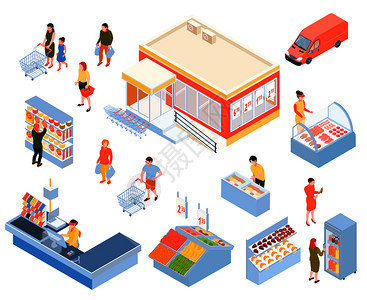 人们超市购物,五颜六色的等距图标白色背景的三维矢量插图上等距超市图标图片