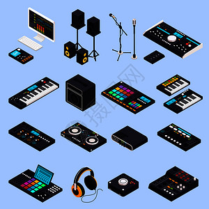 音乐录音室设备等距图标与独立图像的专业音频设备,扬声器键盘矢量插图专业音频齿轮图标背景图片