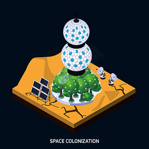定殖地形等距成与行星地貌栽培模块与活植物矢量插图殖民模块成插画