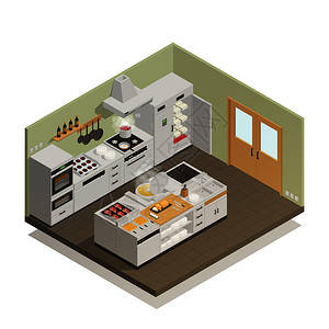 大餐厅厨房与专业烹饪设备等距成的白色背景三维矢量插图厨房等距成图片