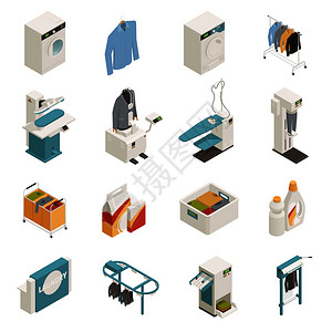 烘干机等距图标与各种洗衣清洗设备隔离白色背景三维矢量插图洗衣设备等距装置插画