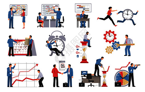 时间管理图标集的人规划他们的业务流程工作计划矢量插图时间管理隔离图标图片