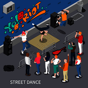 街舞俱乐部街头舞蹈表演者涂鸦背景等距构图与音频设备,观众,矢量插图街舞等距构图插画