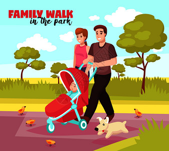 轻的家庭夏季步行公园与狗睡觉的婴儿海报矢量插图婴儿睡户外图片