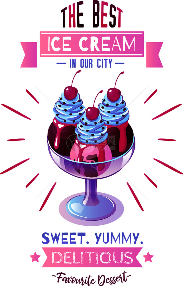冰淇淋咖啡馆最喜欢的甜点广告海报与美味的巧克力覆盖香草草莓球矢量插图冰淇淋刻字海报图片