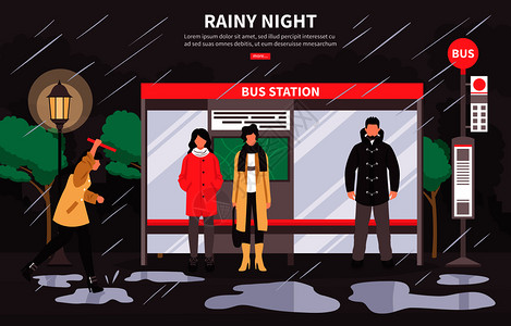 恶劣天气运输网页海报,人们公共汽车站等待雨夜矢量插图雨天公共汽车站图片
