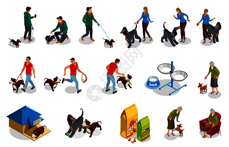 普通宠物普通生活的狗主人等距图标与宠物训练,步行喂养矢量插图狗普通生活等距图标插画