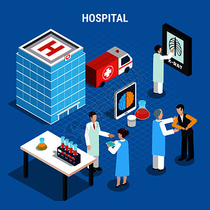 医学等距,医生实验室工作,并咨询蓝色背景三维矢量插图上分离的患者医学等距图片