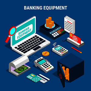 银行设备,包括货币探测器,保险箱与黄金,支付卡,等距成的蓝色背景矢量插图银行设备等距成检查高清图片素材