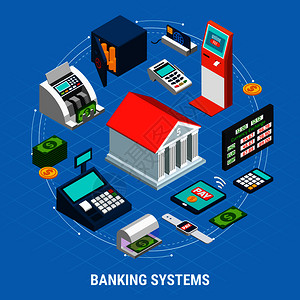 银行系统等距圆形成蓝色背景与办公楼,专业设备,支付终端矢量插图银行系统的成背景图片