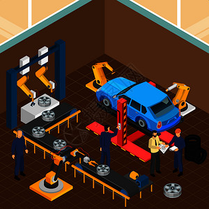 工业机器等距成与室内视图的轮胎套管汽车车间与机械工人矢量插图汽车轮胎服务成背景图片