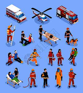 救援队等距与专业制服人员事医疗保健消防矢量插图救援队等距背景图片