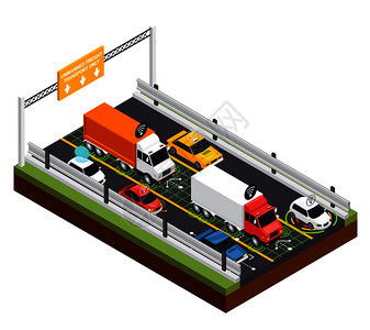 停车无人运输与位置的货运卡车只等距矢量插图为无人驾驶运输停车图片