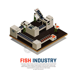 工业文化鱼类工业海鲜生产等距成与自动工业输送机的海洋食品与可编辑文本矢量插图海洋食品生产背景插画