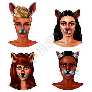 四个可爱动物孔女孔与动物孔矢量插图可爱的动物脸图片
