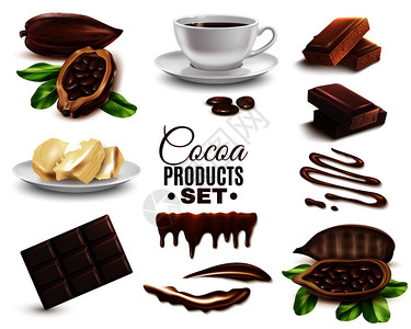 巧克力可可套真实的可可产品,包括干豆,饮料,可可黄油,巧克力棒分离矢量插图现实的可可产品集插画