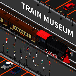 科罗拉多铁路博物馆火车博物馆等距构图与黑色红色复古机车旧车厢,游客摄影矢量插图火车博物馆等距构图插画