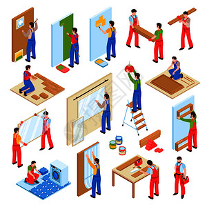 家庭维修改造服务人员等距收集与墙壁油漆层压板地板铺设孤立矢量插图家庭维修等距装置插画