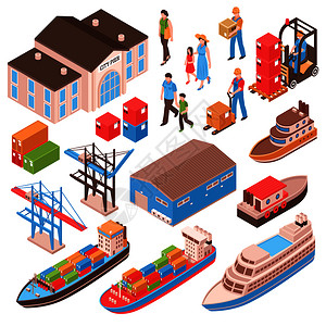 海港等距与城市人,码头建筑,货船,港口设施隔离矢量插图海港等距图片