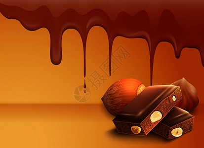 榛子巧克力滴融化的巧克力滴背景与榛子现实矢量插图滴着融化的巧克力背景插画