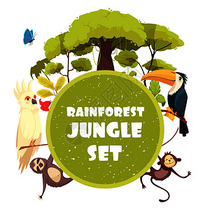 ps圆树素材丛林装饰圆形框架与树木植物的雨林异国动物卡通矢量插图丛林装饰框架插画