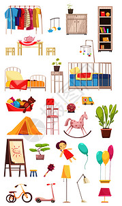 滑板车玩具儿童房内部元素,机架与服装,家具,玩具,植物,自行车滑板车隔离矢量插图儿童房间内部元素插画