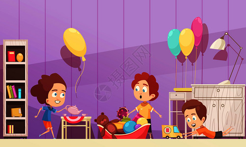 儿童房间紫色与孩子游戏与玩具,内部元素卡通矢量插图儿童房间卡通插图图片