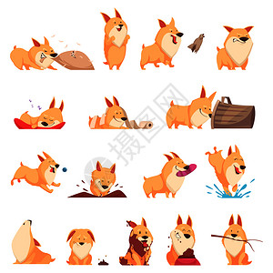 卡通可爱的小狗集的同情况,包括睡眠,吃饭,嚎叫,步行恶作剧矢量插图卡通可爱的小狗套装背景图片