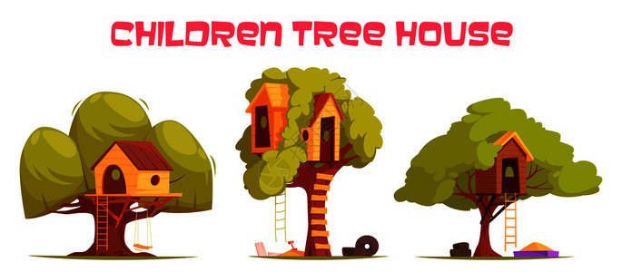 儿童剧场树屋的绿色树叶挂梯,秋千沙子,以发挥矢量插图树屋准备好了插画