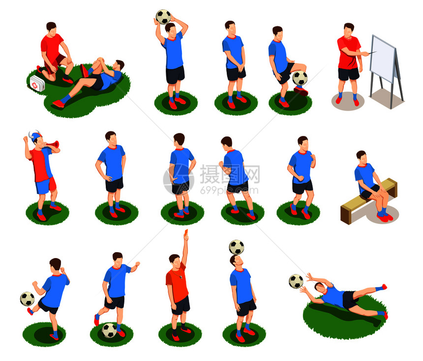 足球等距的人图标收集与人类字符的球员制服与球矢量插图足球运动员图标图片