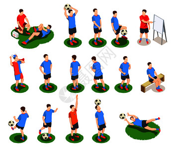 足球等距的人图标收集与人类字符的球员制服与球矢量插图足球运动员图标图片