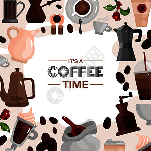 咖啡壶图片咖啡时间装饰框架由咖啡壶咖啡磨床平矢量插图成咖啡时间装饰框架插画