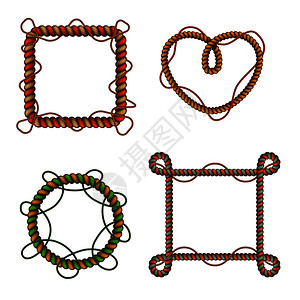彩色绳子装饰彩色绳框圆形方形与绳环结现实孤立矢量插图绳子框架现实插画