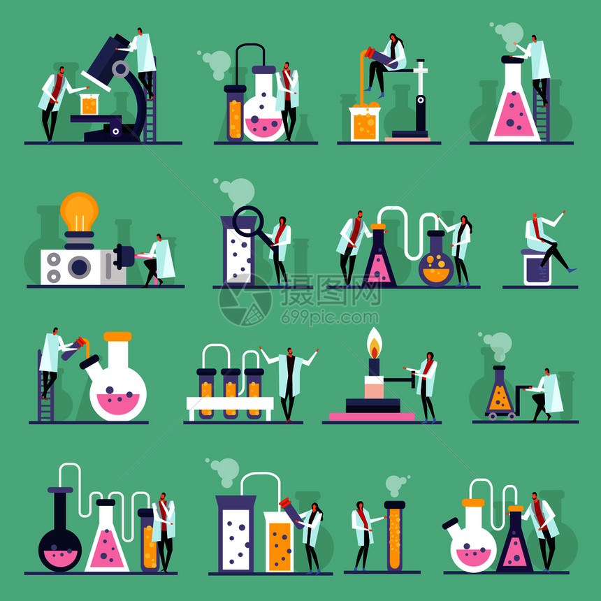 科学实验室平图标,人类字符,试管小瓶与物质,绿色背景,矢量插图科学实验室平图标图片