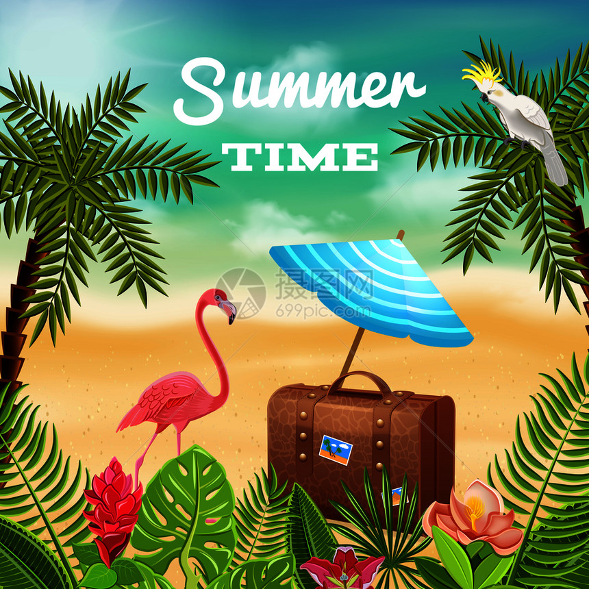 热带天堂背景成与旅行箱遮阳海滩风景与棕榈火烈鸟矢量插图时候旅行背景了图片