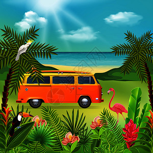 热带天堂的成与海洋自然景观五颜六色的植物与嬉皮迷你包车花卉矢量插图嬉皮士范假日作文背景图片