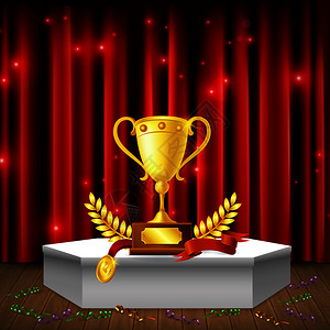 金色窗帘白色基座与奖项,流光地板上,现实的构图背景上的红色闪闪发光的窗帘矢量插图基座与奖项的现实成插画