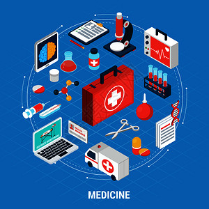 医学等距与医疗设备的治疗诊断蓝色背景三维矢量插图医学等距图片